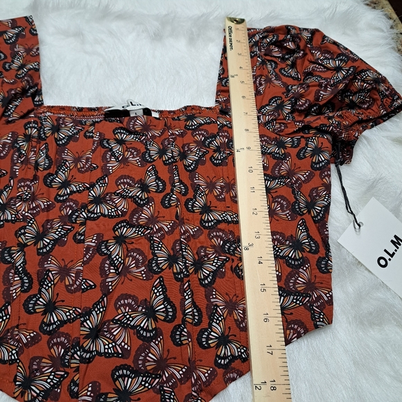 O.L.M. Ladies Puffy Sleeves Orange/Brown Butterfly Pattern Crop Corset Top - Picture 2 of 10